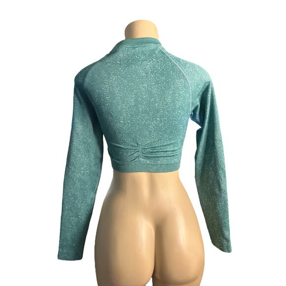 Women M Gymshark Seamless Green Cropped Long Sleeve Crewneck Tee Shirt Top - Picture 4 of 6